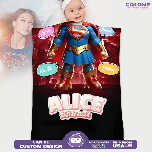Personalized Supergirl Baby Blanket – Custom Name, Date & Background | Heroic Baby Girl Gift